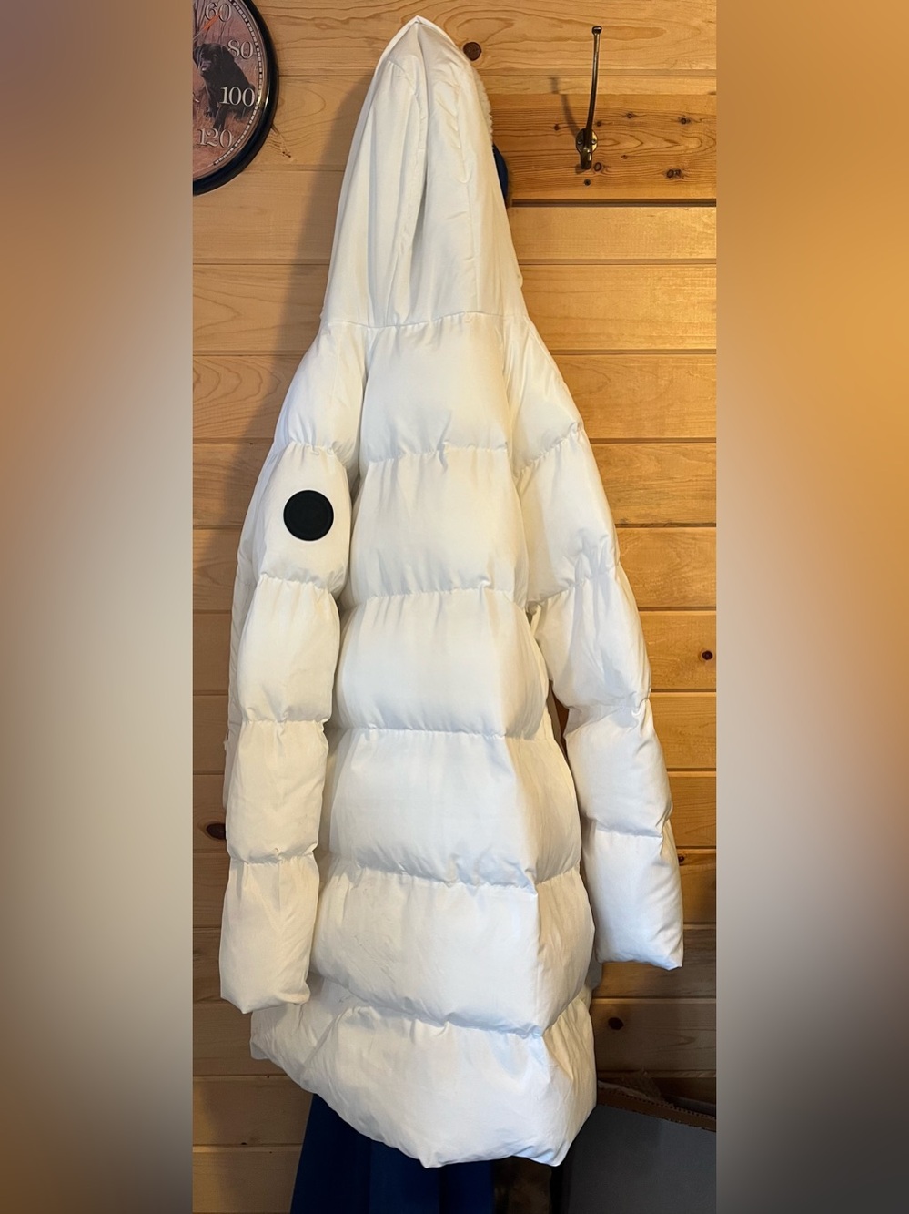 Fabletics White Long Hooded Puffer Coat with Black Accents